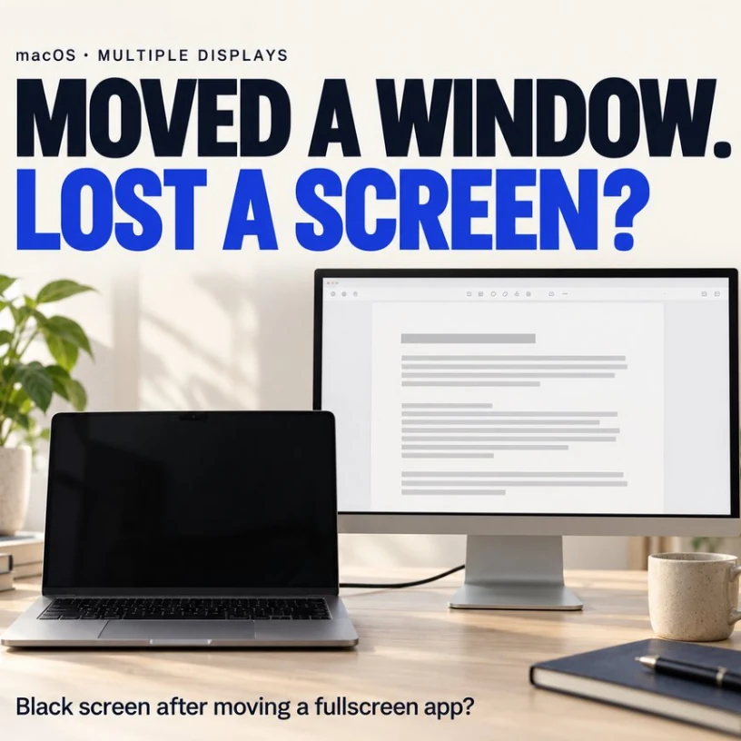 A MacBook with a black screen next to an external monitor showing a document