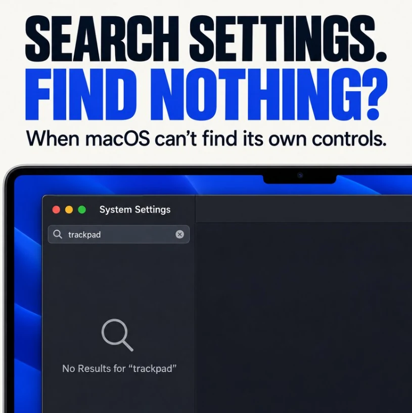 System Settings showing No Results for “trackpad”